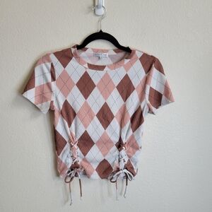 Fitz & Eddi Pink and Brown Argyle Short Sleeve Lace-Up Tee Ladies Medium.
